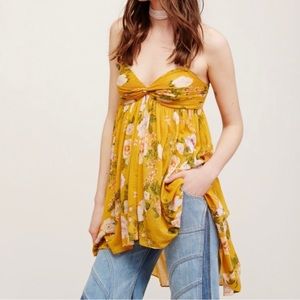 Free People Floral Print Yellow Draped High Low Sleeveless Boho Babydoll Top